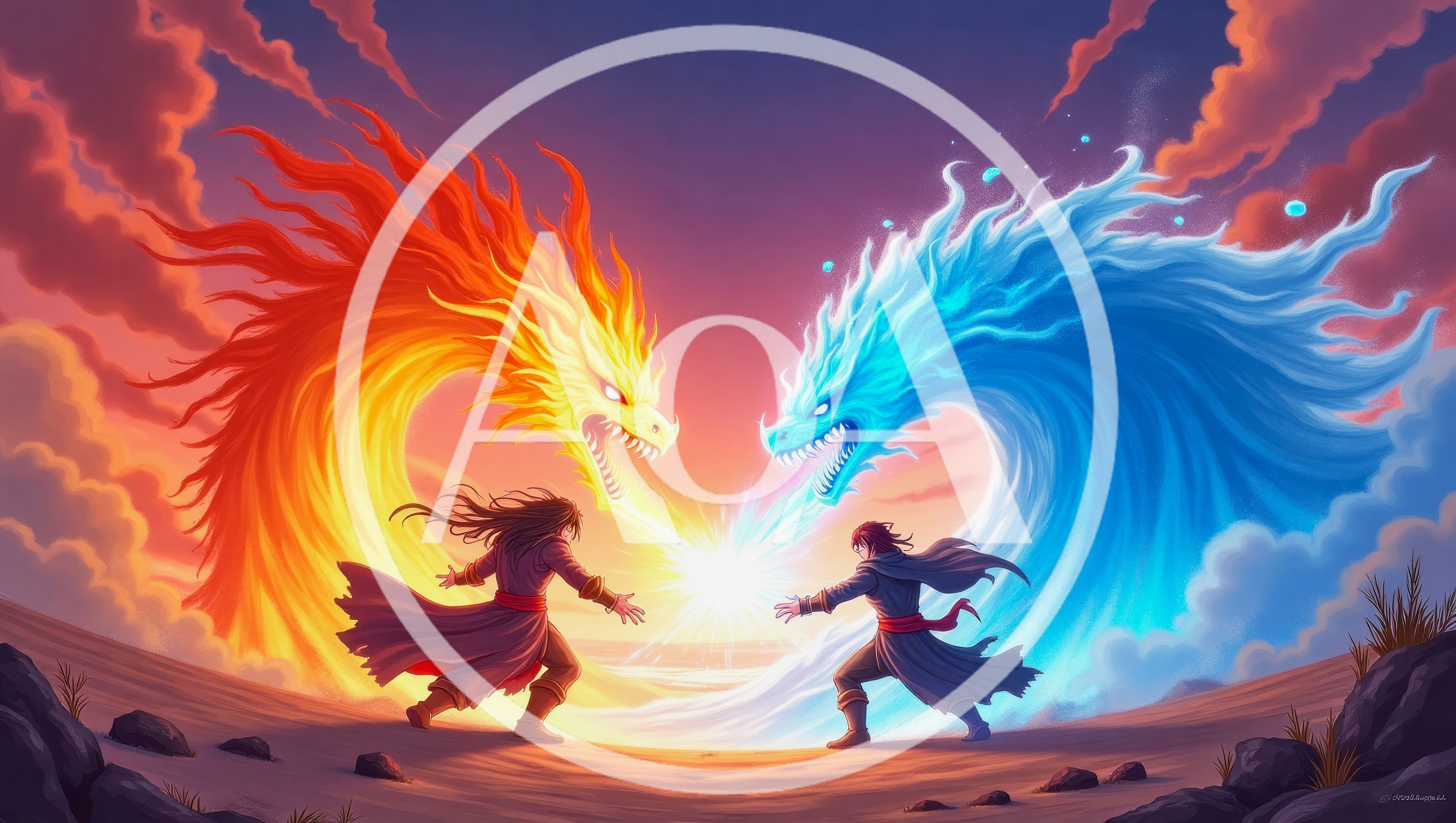 Fantasy Warriors Summoning Fire and Water Elemental Dragons