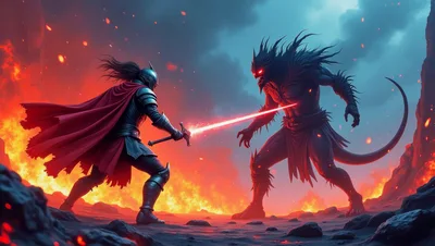 Knight Fighting A Demon In A Fiery Landscape