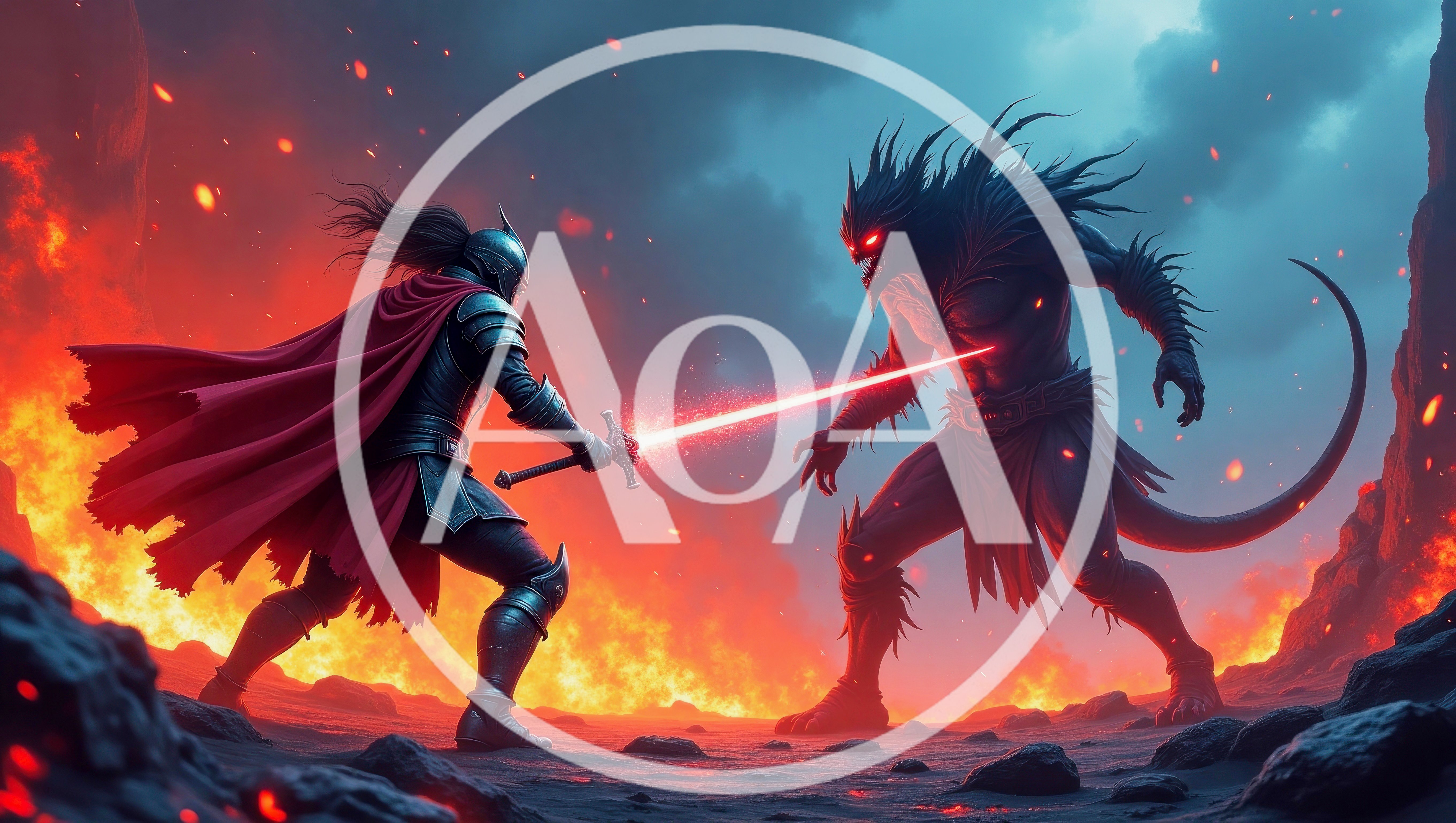 Knight Fighting A Demon In A Fiery Landscape