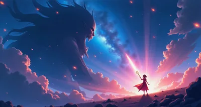 Fantasy Heroine Facing A Giant Shadow Monster