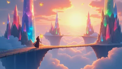 Fantasy Traveler Walking Across Floating Crystal Island Bridge