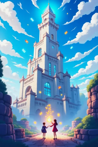 Two Children Standing Before A Magical Fantasy Castle