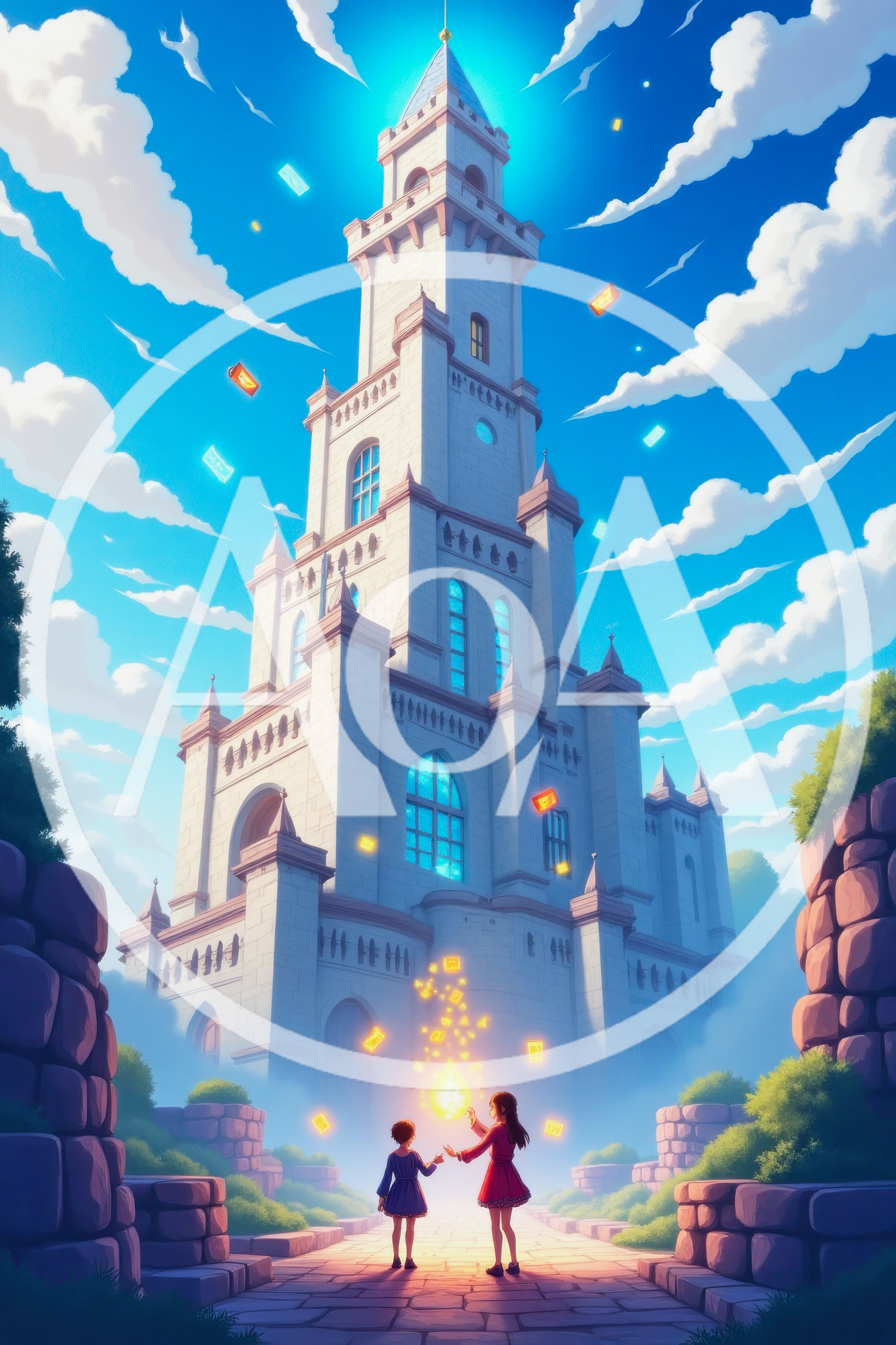 Two Children Standing Before A Magical Fantasy Castle