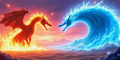 Fire And Water Elemental Dragons Facing Off