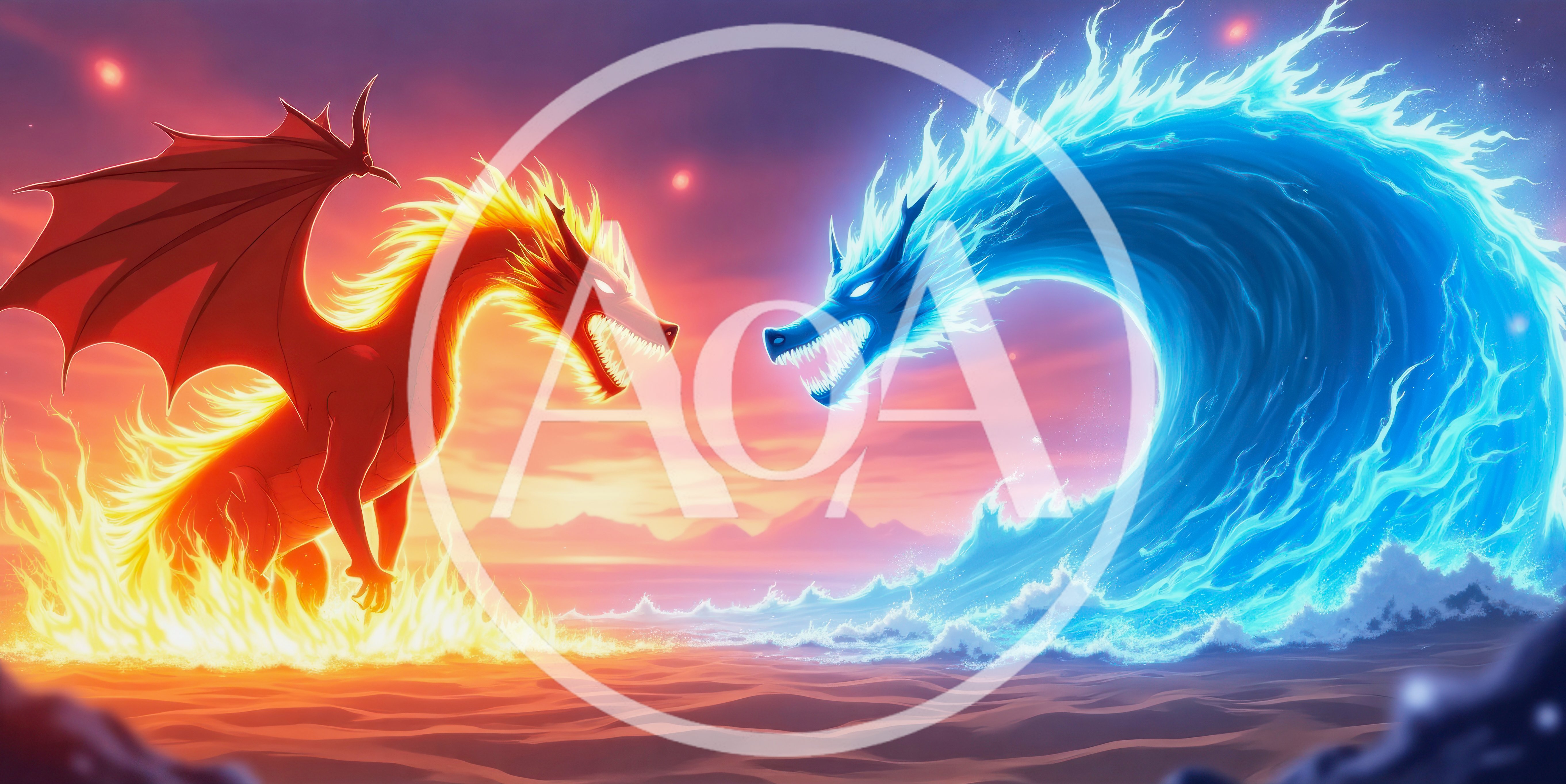 Fire And Water Elemental Dragons Facing Off