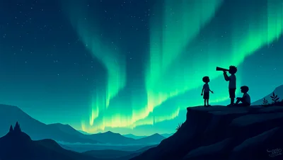 Children Silhouettes Watching Aurora Borealis Under Night Sky