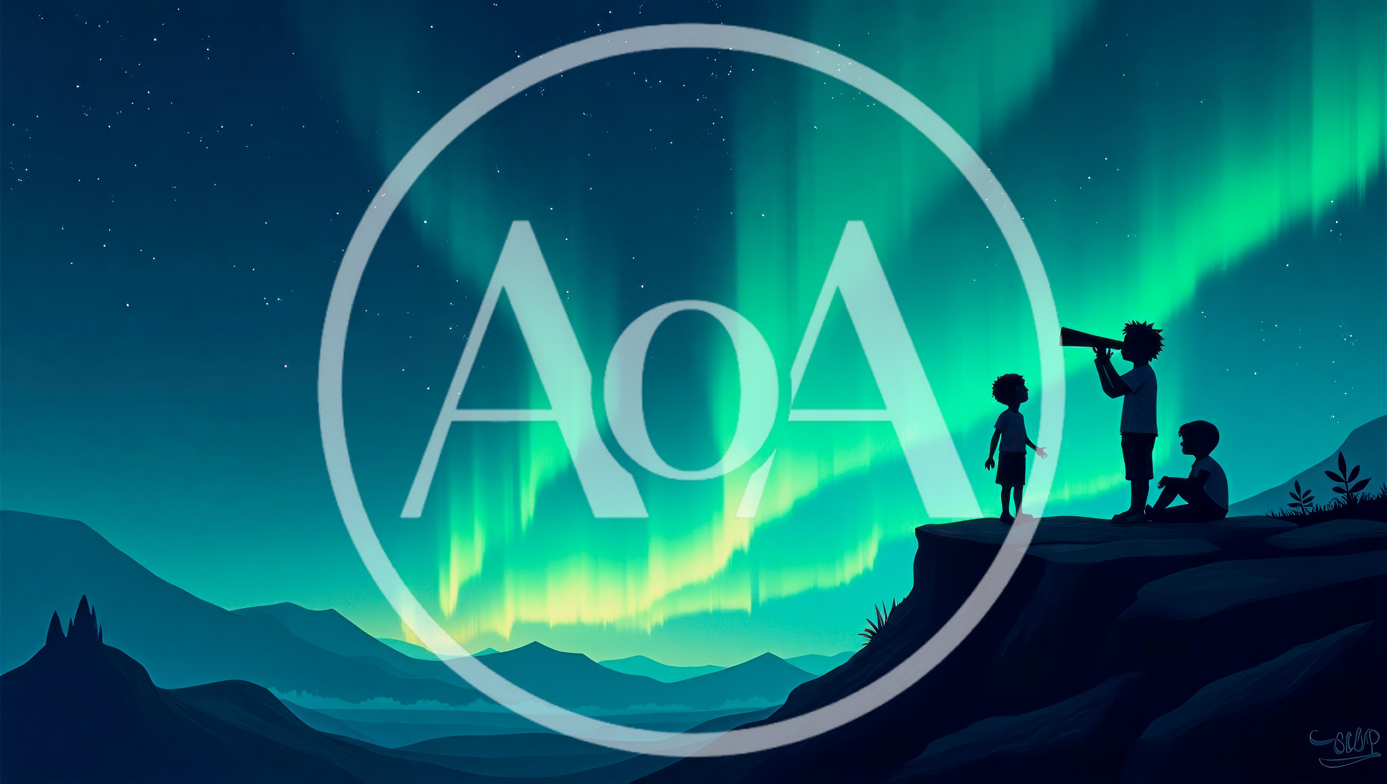 Children Silhouettes Watching Aurora Borealis Under Night Sky