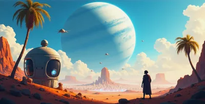 Futuristic Explorer Standing On Alien Desert Planet Landscape