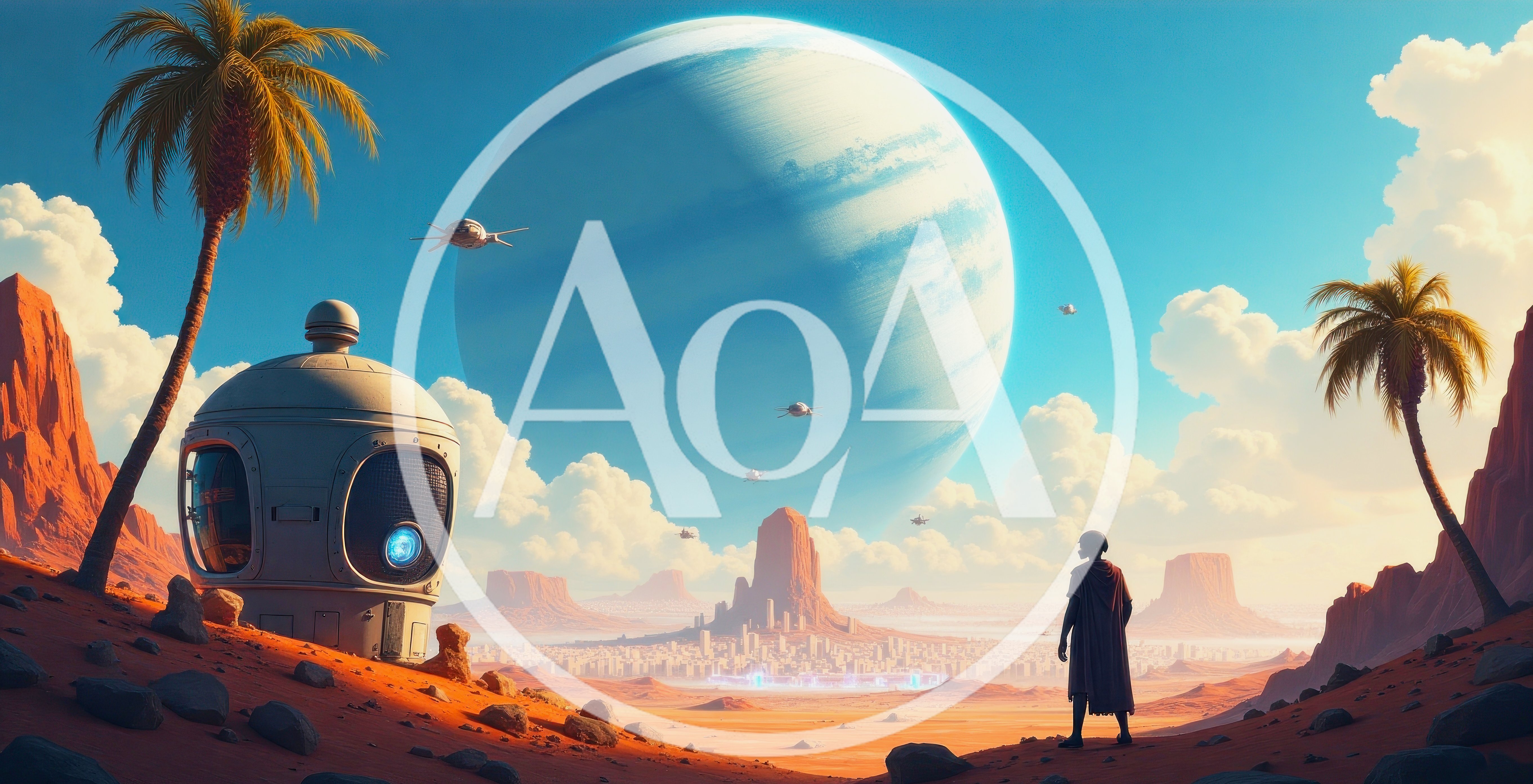 Futuristic Explorer Standing On Alien Desert Planet Landscape