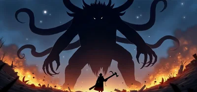 Silhouette Of A Warrior Facing A Giant Shadow Monster