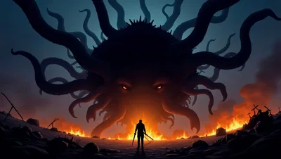Lone Warrior Facing A Massive Tentacled Eldritch Monster