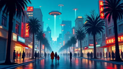 Futuristic City Street With Flying Saucers And Pedestrians