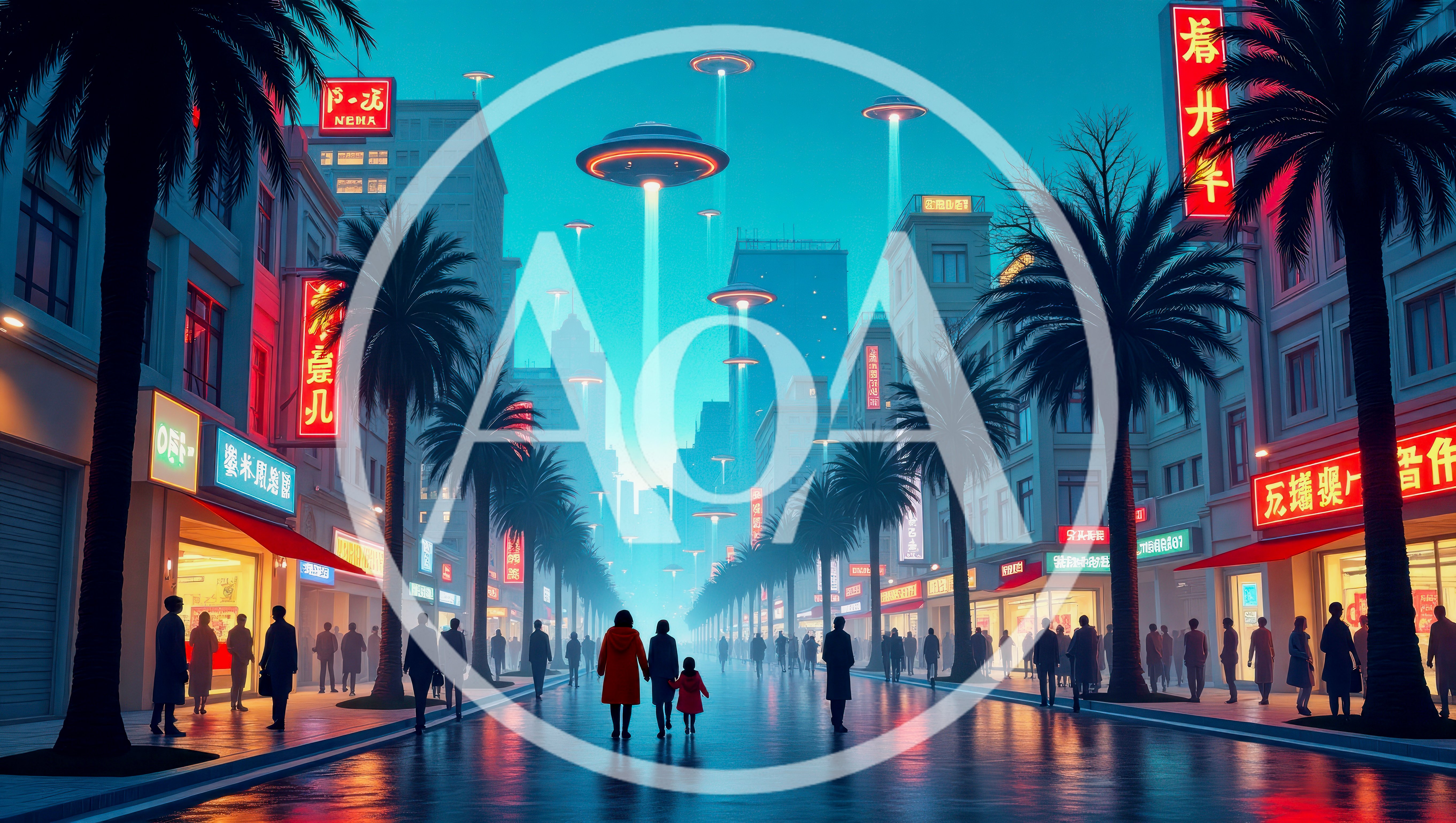 Futuristic City Street With Flying Saucers And Pedestrians