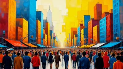 Crowd Walking Through Vibrant Colorful City Street