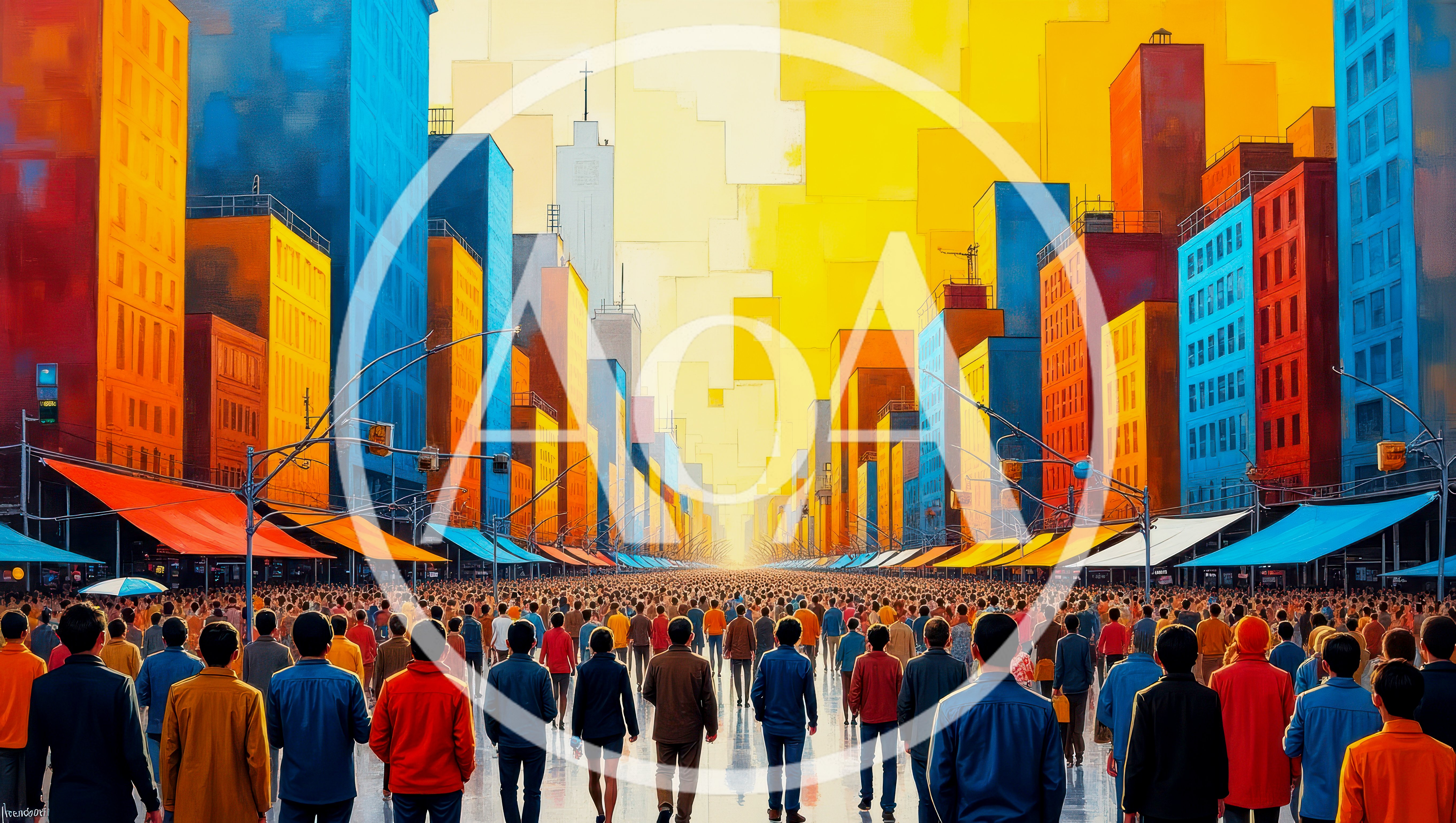Crowd Walking Through Vibrant Colorful City Street