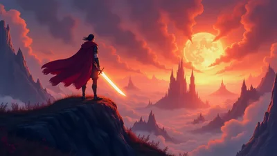 Warrior Standing On Cliff Overlooking Fantasy Castle