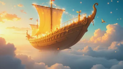 Golden Fantasy Ship Sailing Through Dreamy Clouds