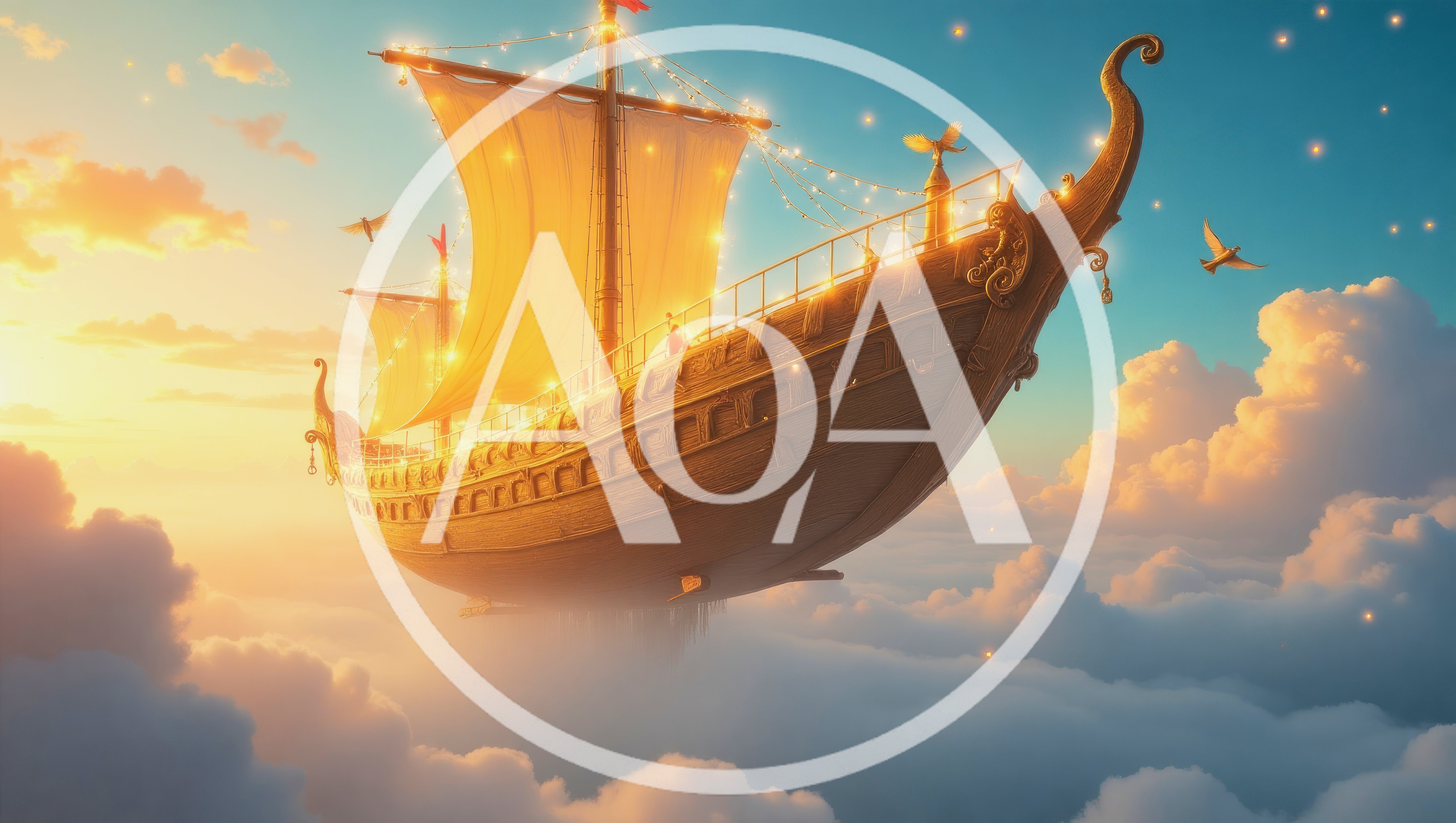 Golden Fantasy Ship Sailing Through Dreamy Clouds