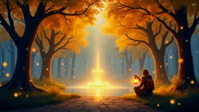 Person Sitting With Lantern By Glowing Forest Fountain