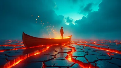 Person Standing In A Wooden Boat On Cracked Lava