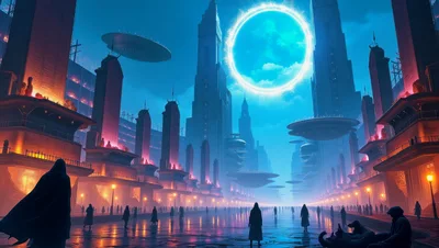 Futuristic Cityscape With Glowing Portal And Silhouetted Figures