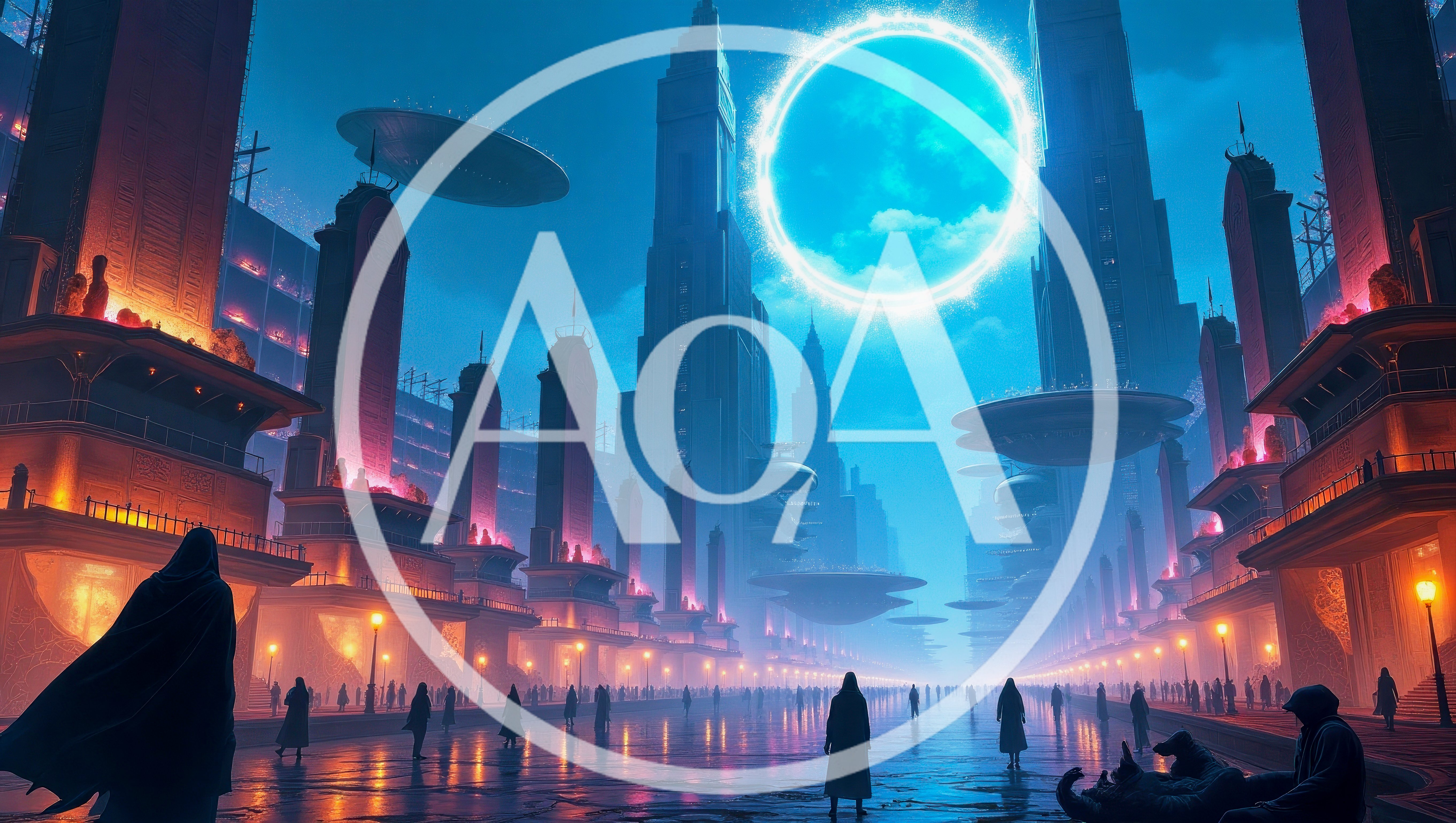 Futuristic Cityscape With Glowing Portal And Silhouetted Figures