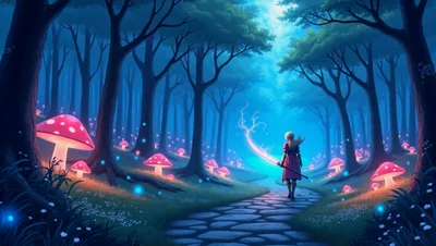 Fantasy Traveler Walking Through A Magical Glowing Mushroom Forest