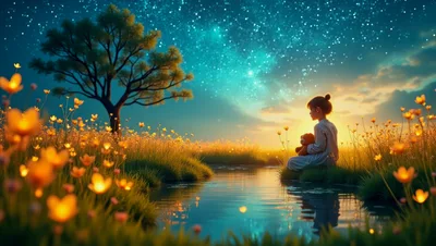 Young Girl Sitting By A Pond With Her Teddy Bear