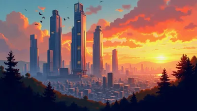 Futuristic City Skyline At Sunset With Forest Foreground