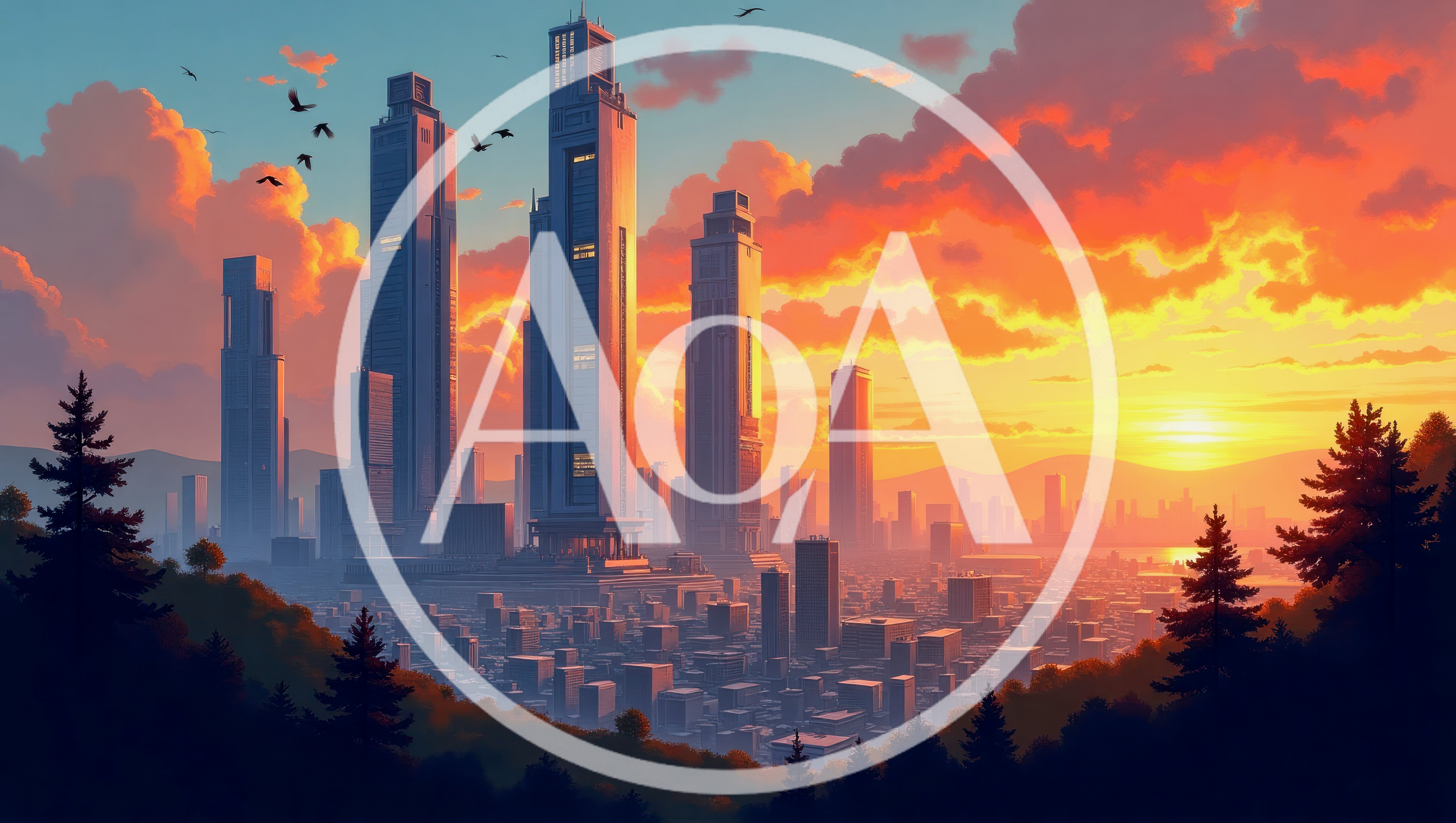 Futuristic City Skyline At Sunset With Forest Foreground