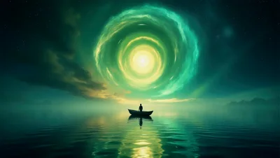 Lone Person Standing In A Small Boat Under Celestial Portal
