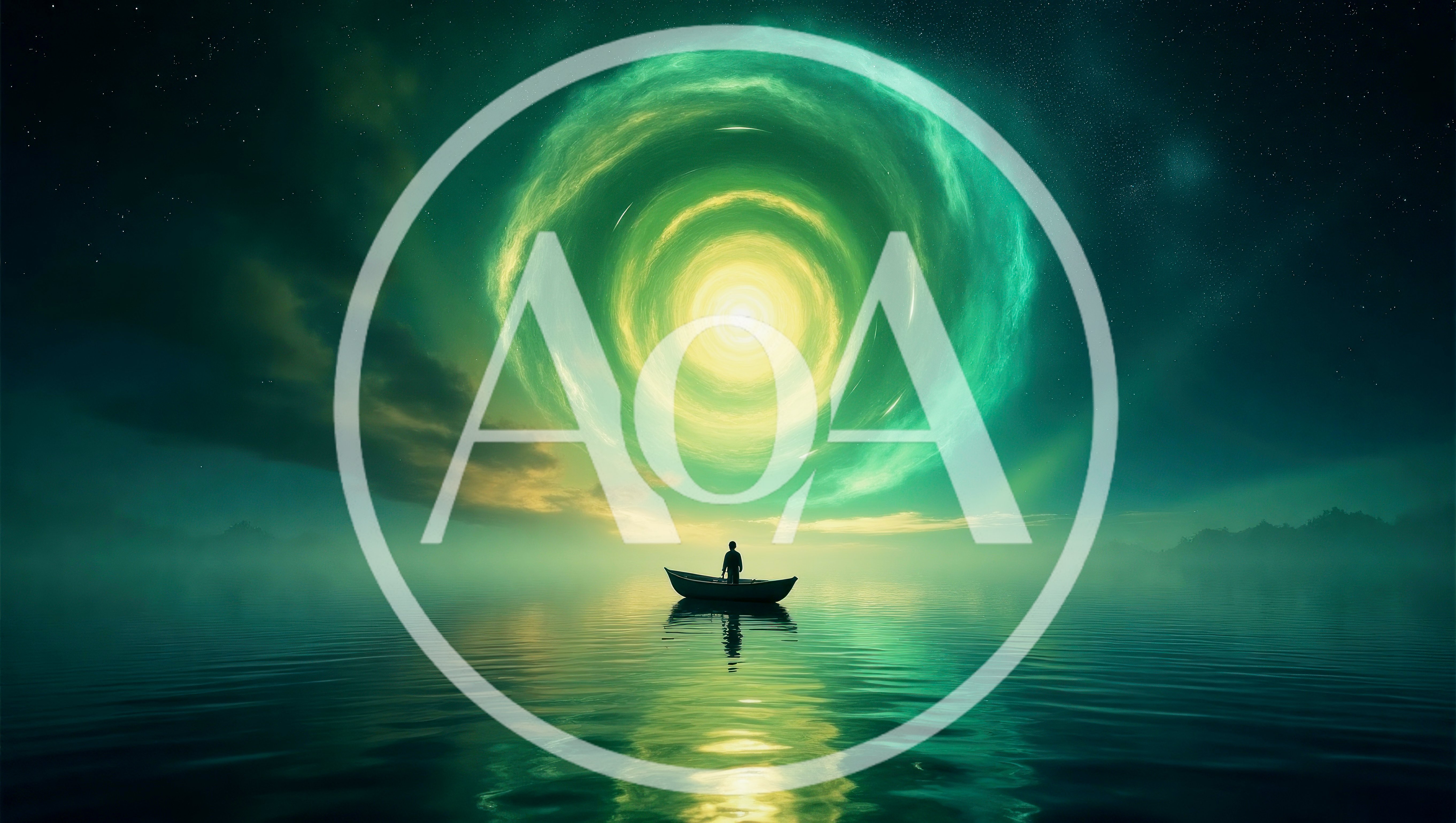 Lone Person Standing In A Small Boat Under Celestial Portal