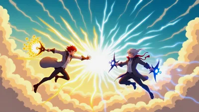 Anime Characters Engaging In A Magical Energy Duel