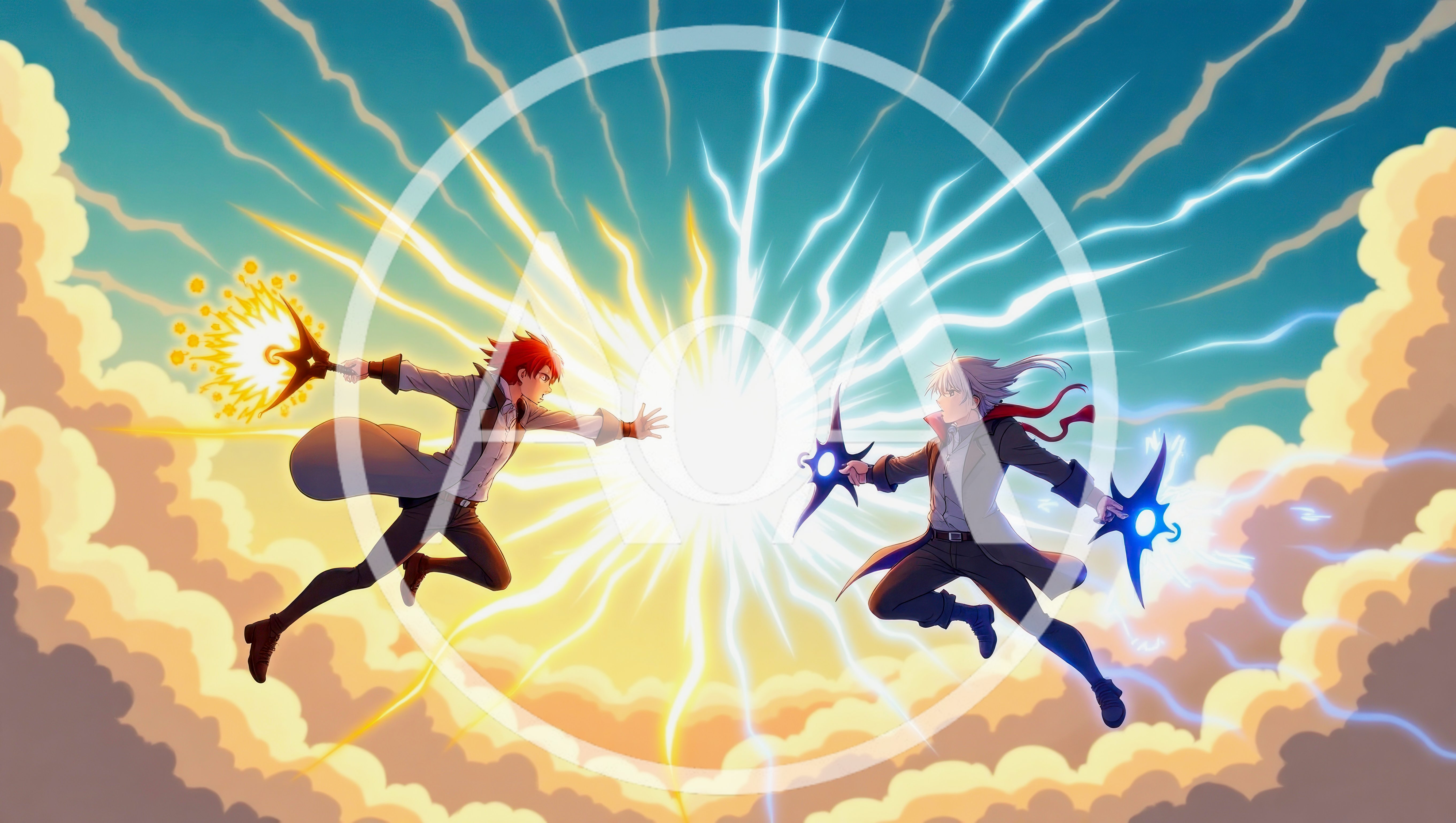 Anime Characters Engaging In A Magical Energy Duel