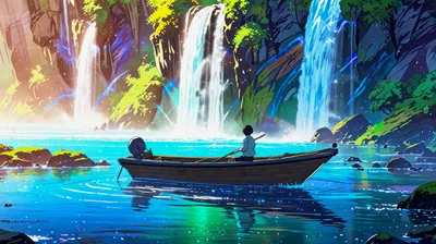 Person Rowing A Small Boat Near Tropical Waterfalls