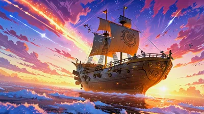 Fantasy Sailing Ship On A Magical Ocean Sunset