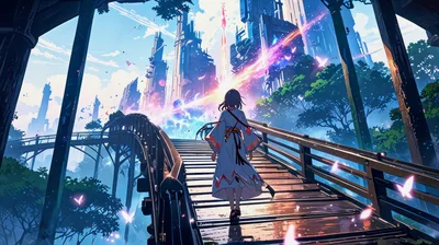 Anime Girl Walking Across Bridge Toward Futuristic City