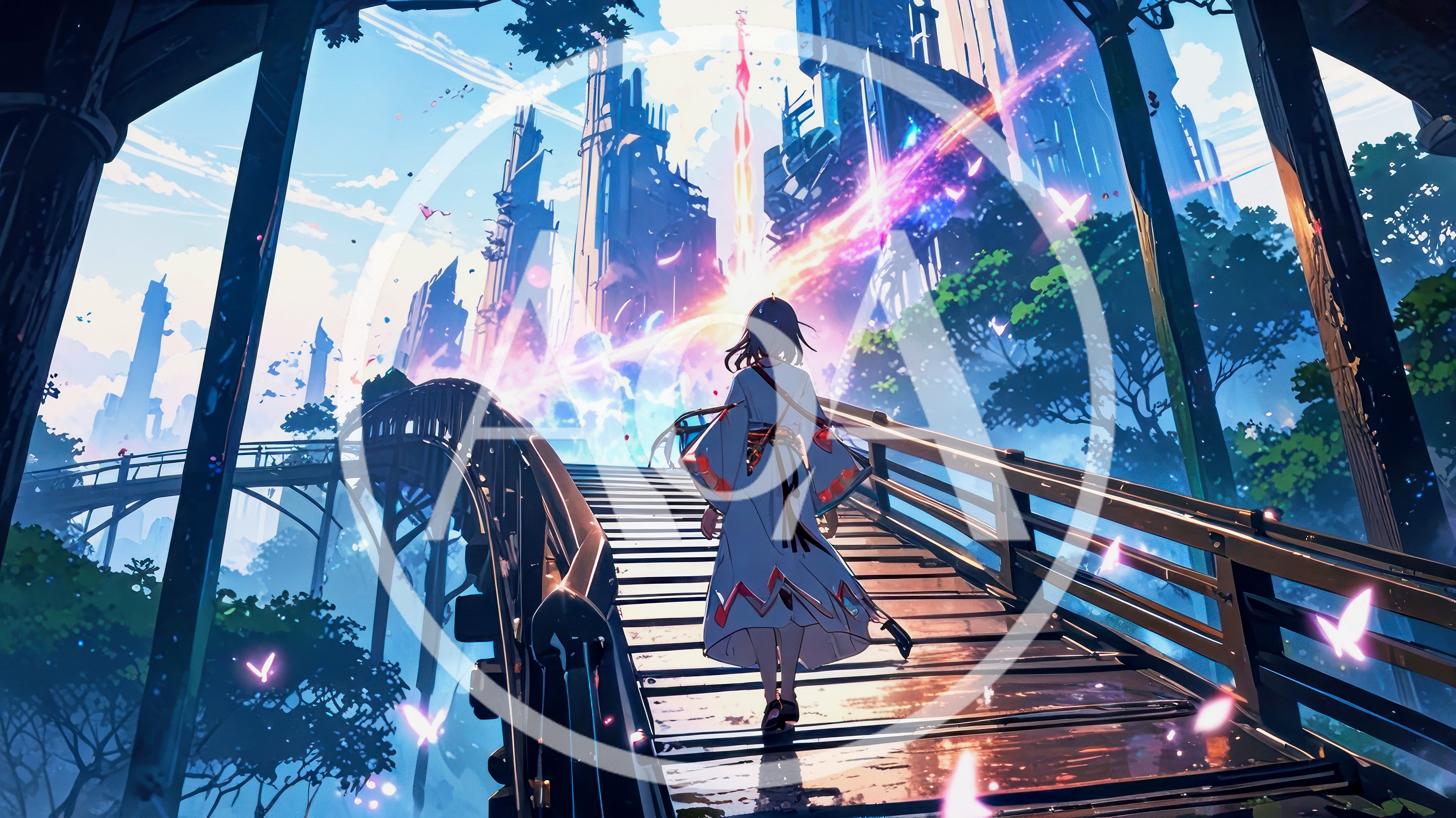 Anime Girl Walking Across Bridge Toward Futuristic City
