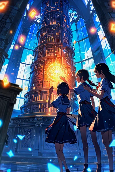 Three Schoolgirls Examining A Magical Glowing Library Tower