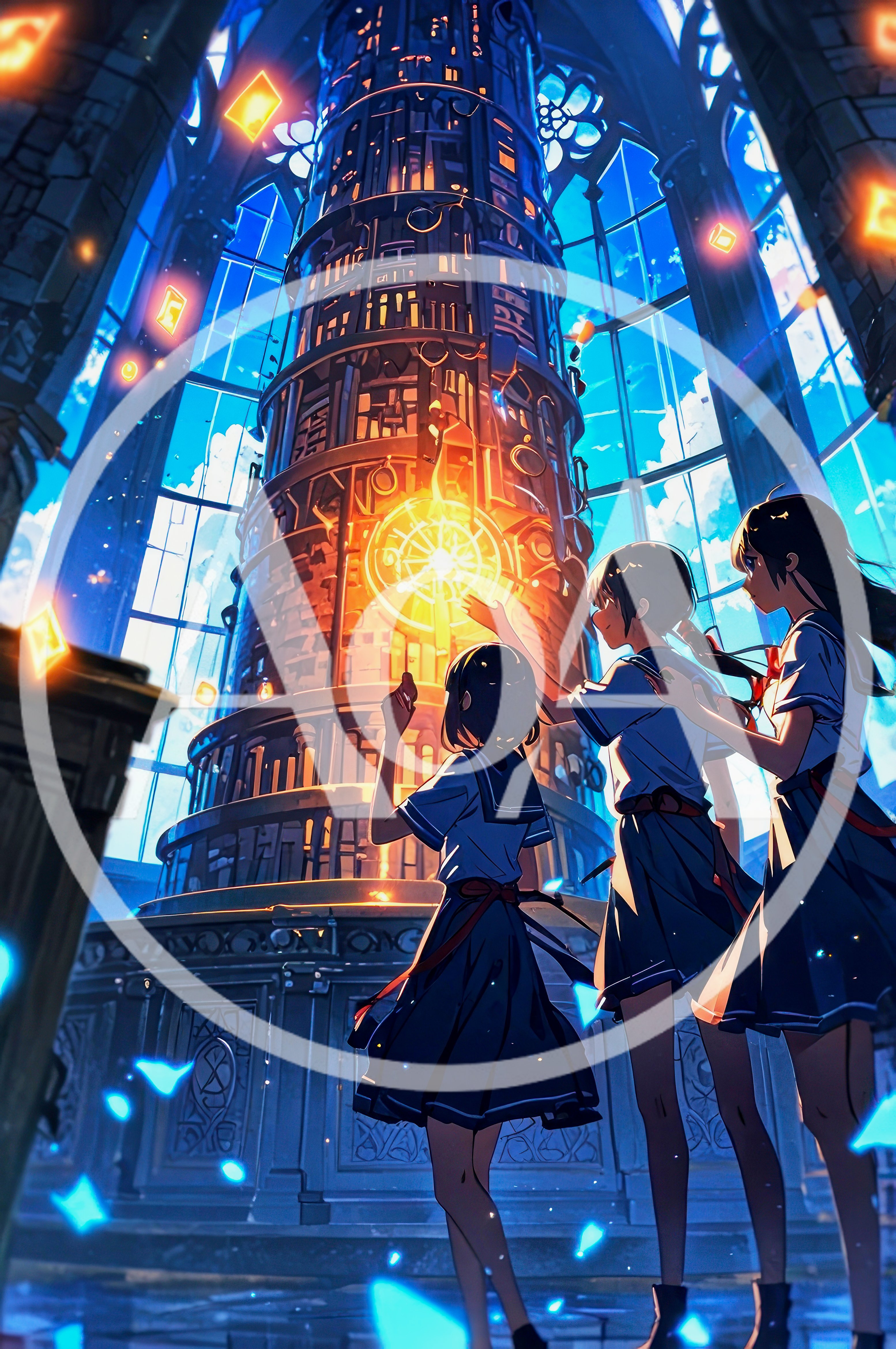 Three Schoolgirls Examining A Magical Glowing Library Tower