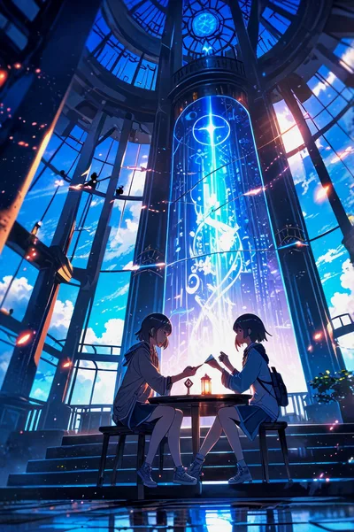 Two Anime Girls Sitting At A Table In A Futuristic Observatory