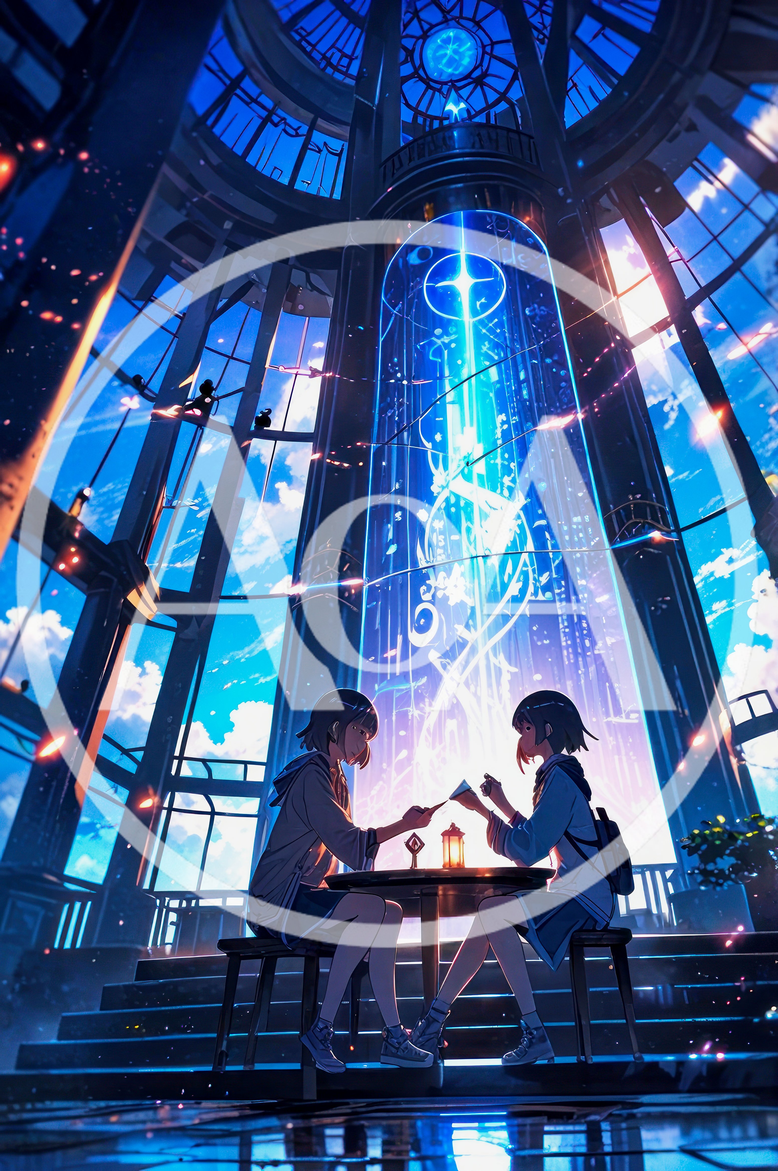 Two Anime Girls Sitting At A Table In A Futuristic Observatory
