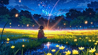 Anime Style Girl Sitting In A Glowing Flower Field