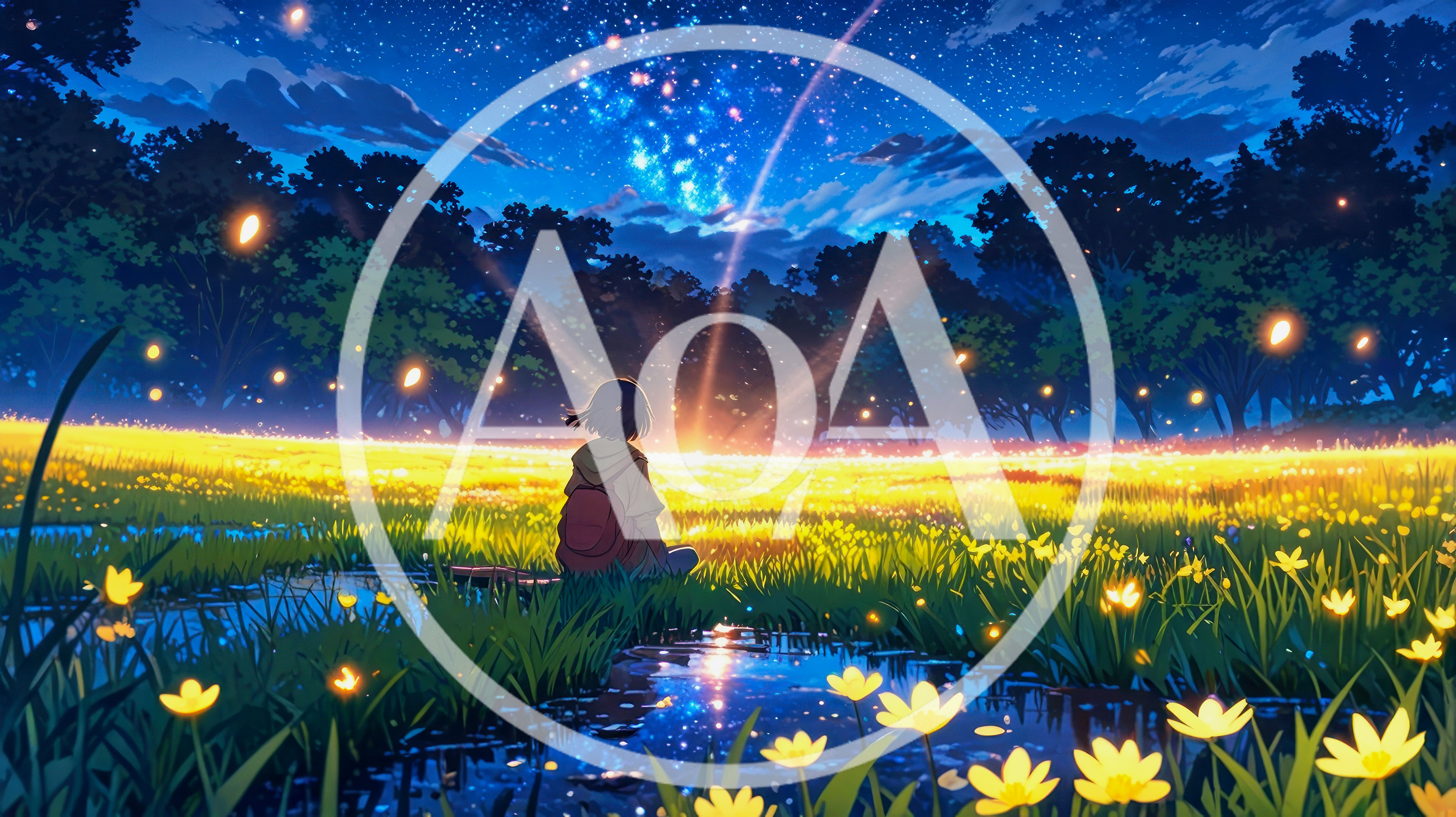 Anime Style Girl Sitting In A Glowing Flower Field