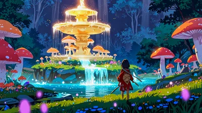 Anime Girl Standing Before A Magical Glowing Forest Fountain