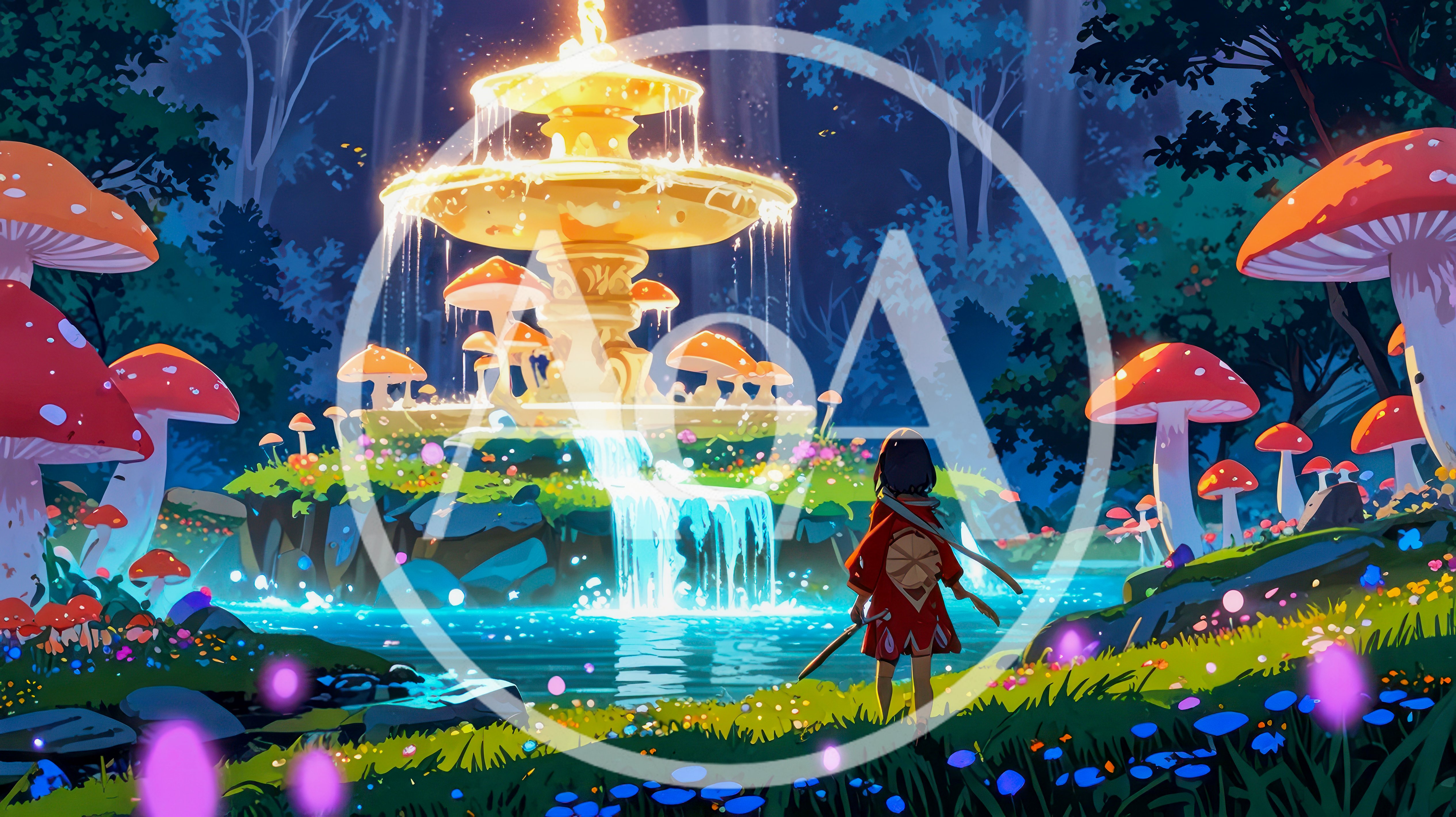 Anime Girl Standing Before A Magical Glowing Forest Fountain