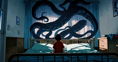 Child Sitting On Bed Facing Giant Tentacle Monster