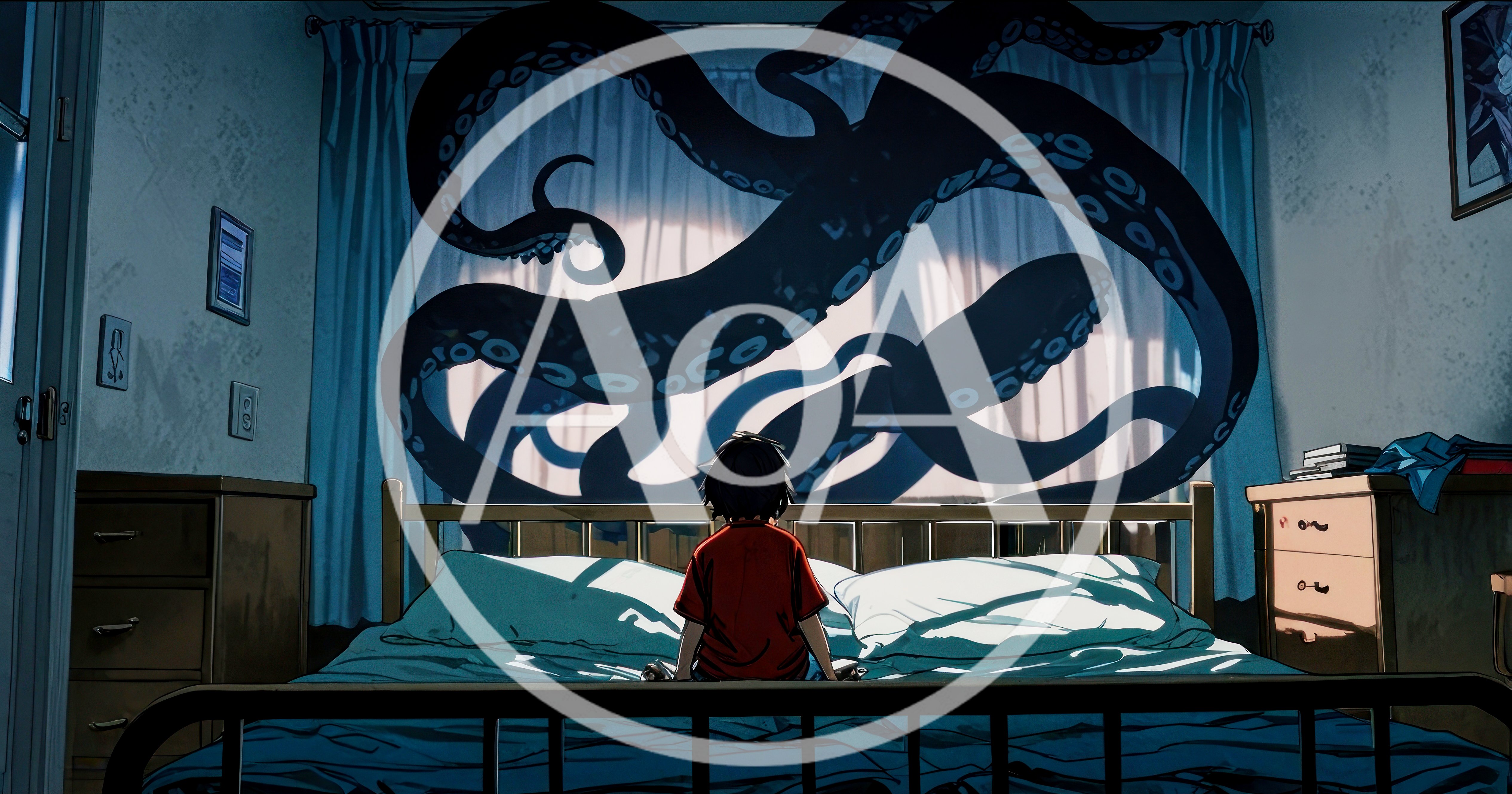Child Sitting On Bed Facing Giant Tentacle Monster