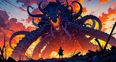 Giant Eldritch Monster Confronting A Lone Warrior