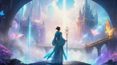 Fantasy Sorceress Standing On Bridge In Magical Kingdom
